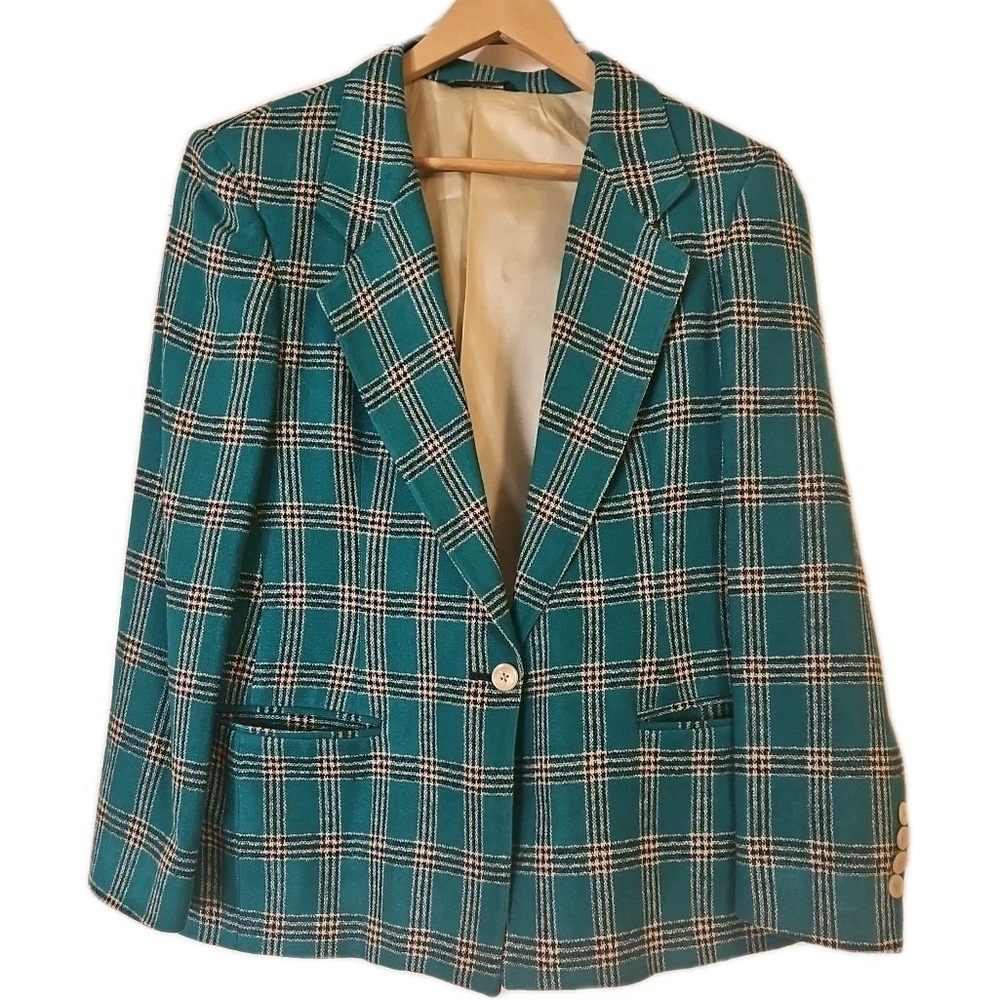 VTG Austin Reed Teal Ivory 100% Silk Plaid Blazer Jacket USA Made 8